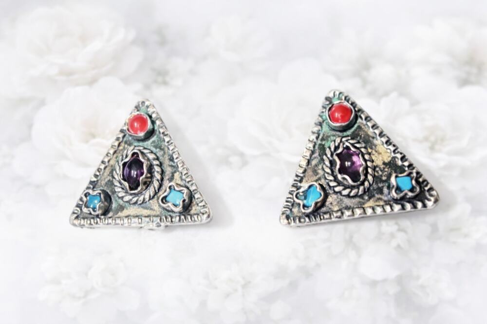 Mexico 925 Sterling Silver Clip on Earrings 1 In. Turquoise Coral Amethyst VTG